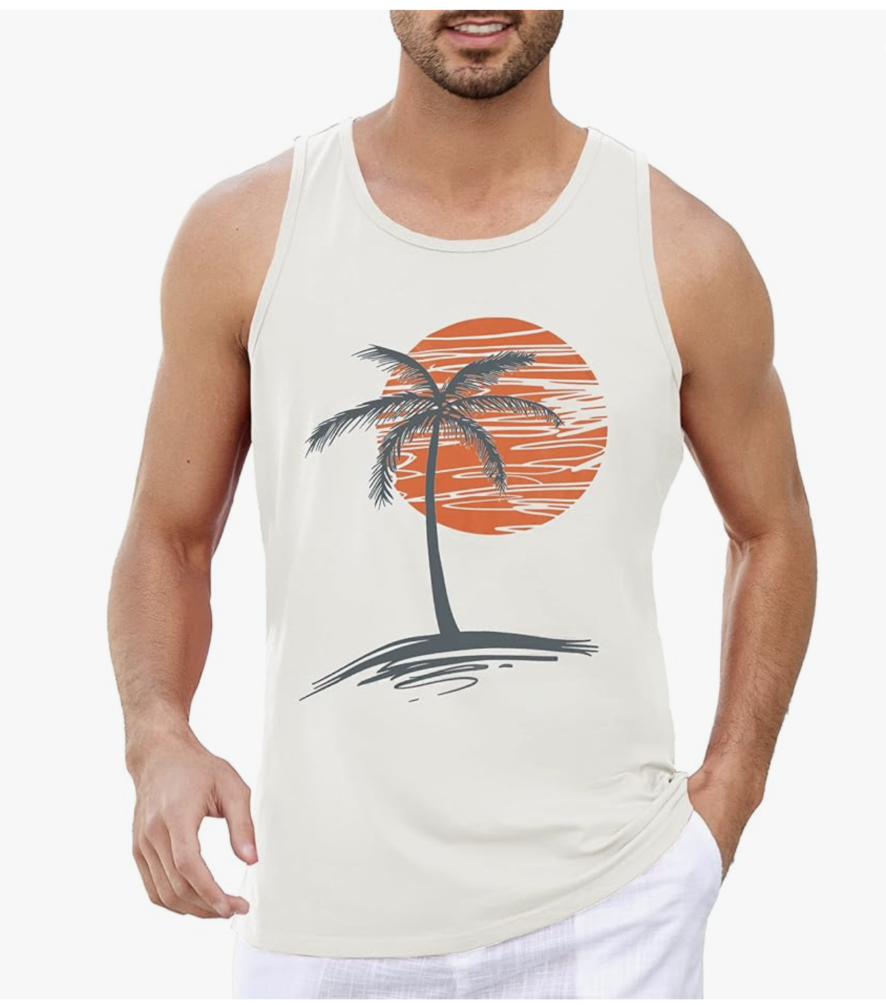 Men's White and Orange Sun Tank Top